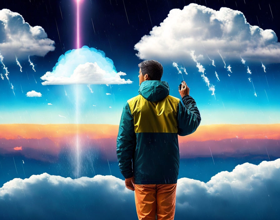 Colorful Jacket Man Contemplates Surreal Sky with Sunset, Storm Clouds, and Light Beam