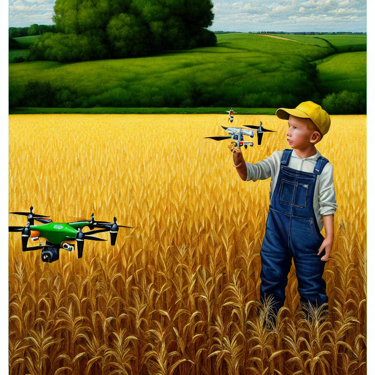 Young boy with toy airplane in wheat field with drone under blue sky