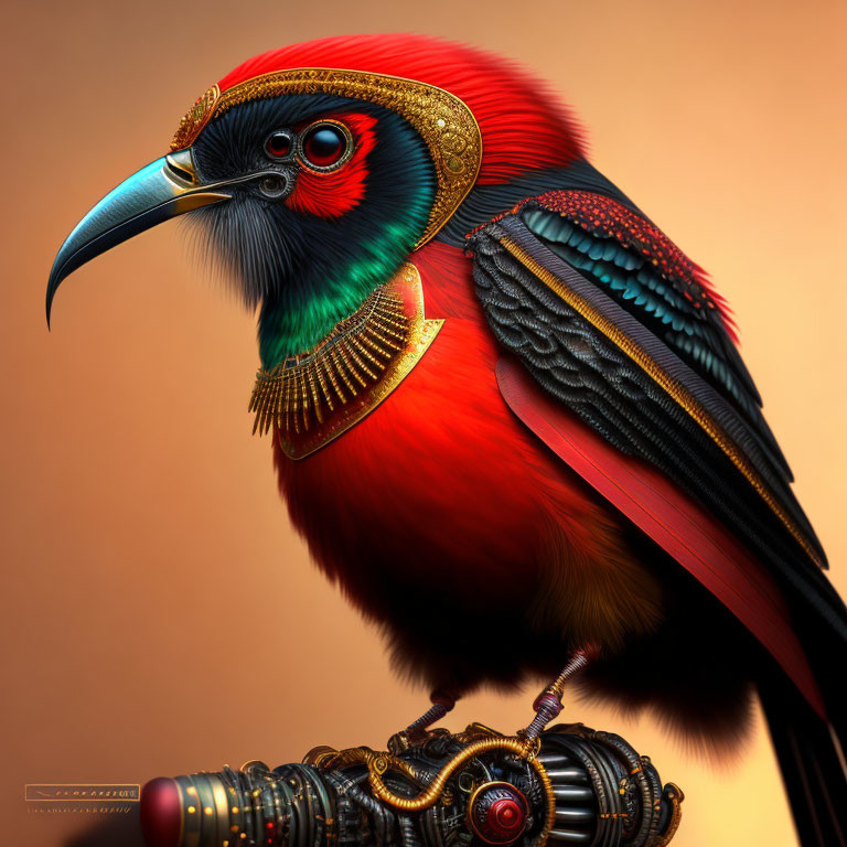 Colorful Steampunk Bird with Mechanical Body and Red Feathers