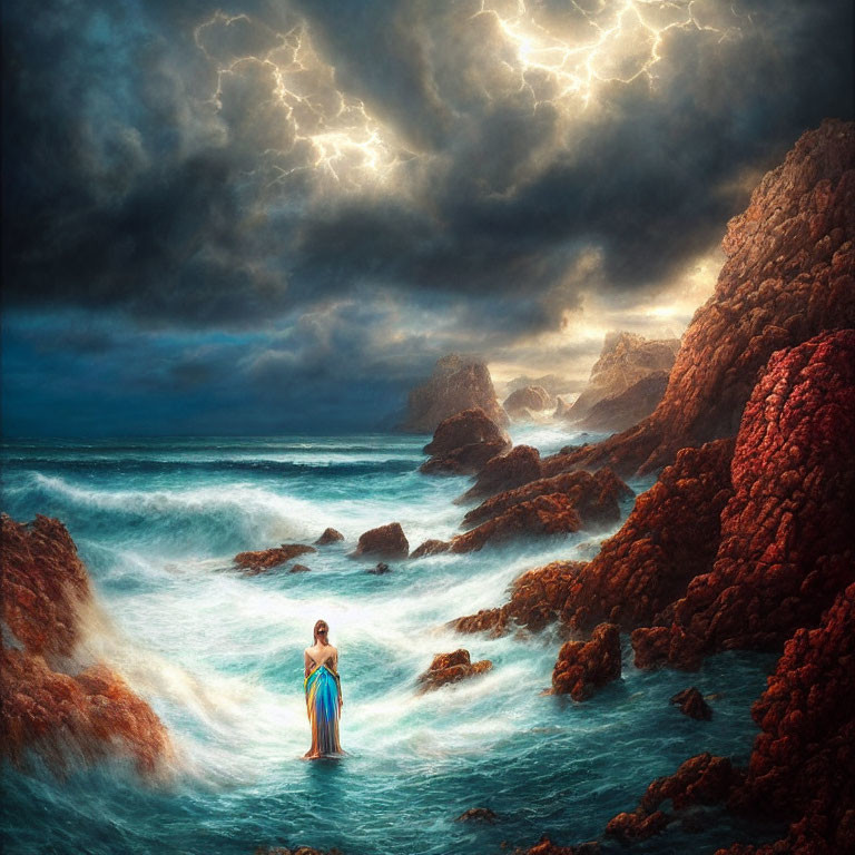 Person standing in turbulent sea waters under stormy sky with lightning.