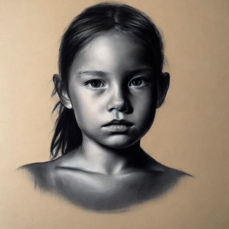 Monochrome charcoal sketch of a young girl on tan background