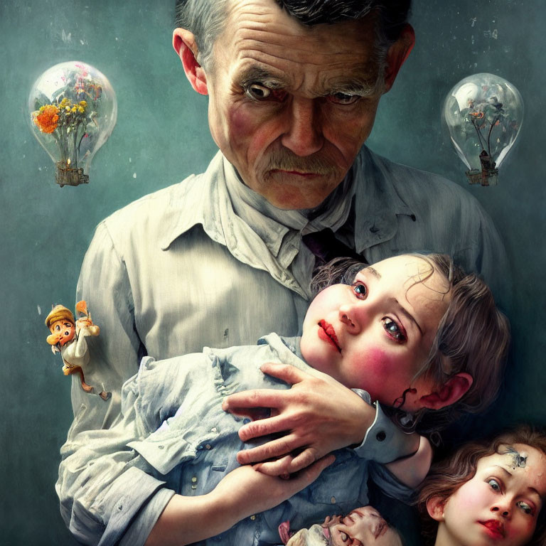 Elderly man holding young girl among floating light bulbs and tiny character