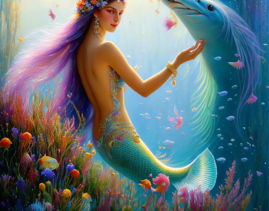 Purple-haired mermaid with sparkling tail and friendly fish in vibrant underwater floral scene