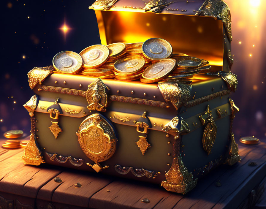 Ornate treasure chest overflowing with gold coins on magical starry night.