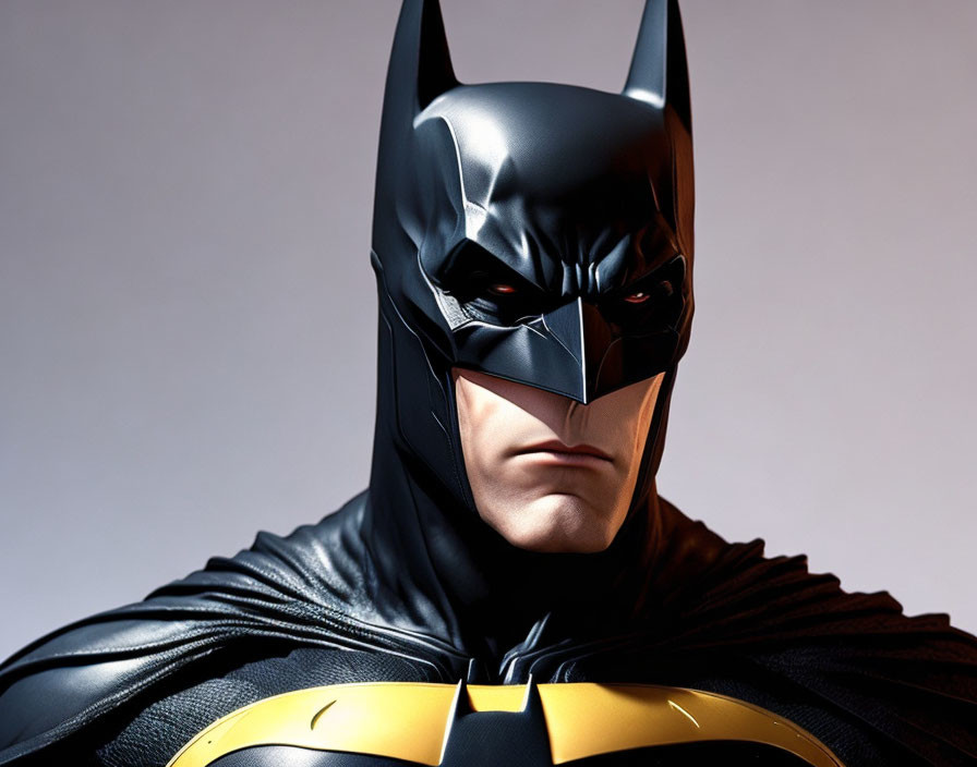 Person in Batman costume with pointed cowl and stern expression