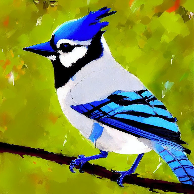 Colorful Blue Jay Illustration Perched on Branch