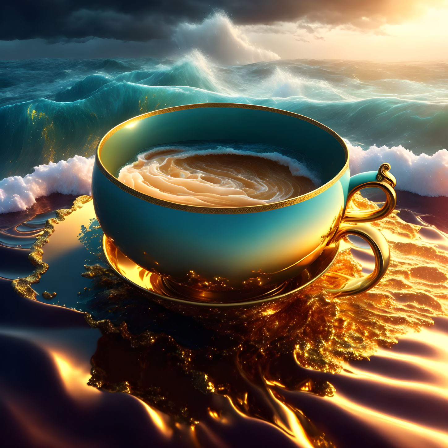 Surreal image of giant coffee cup on sea with waves turning into golden liquid