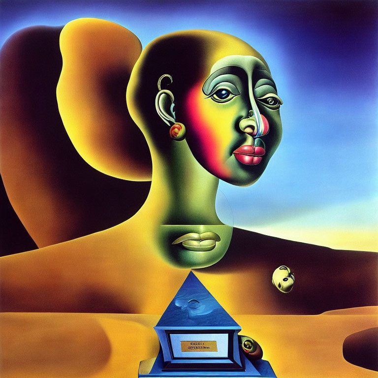 Stylized woman's face merges with desert landscape in surreal painting