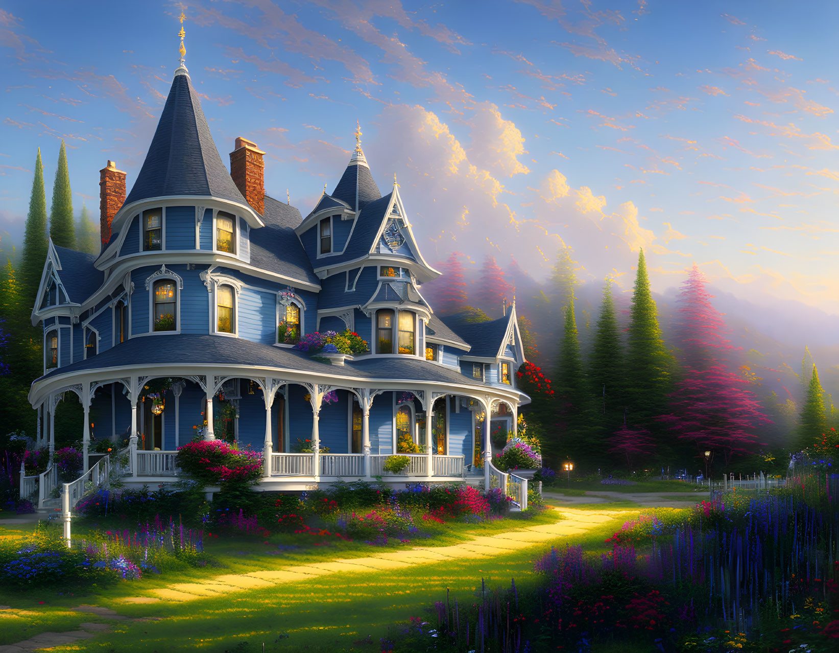 Victorian-style house with wraparound porch in lush garden at sunset