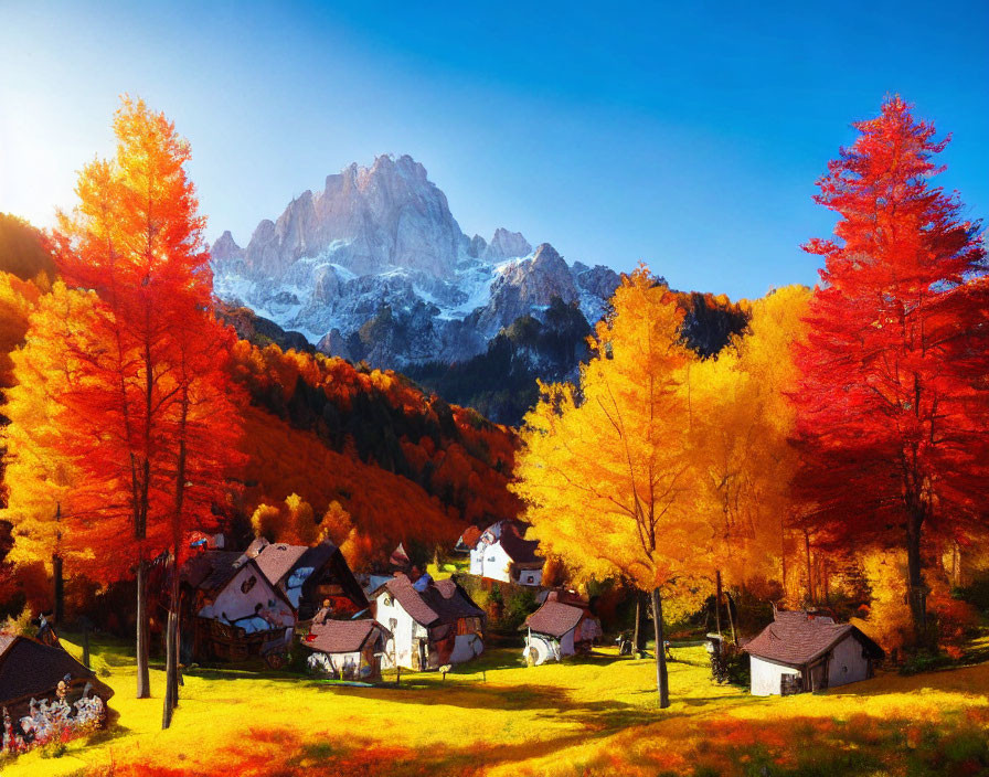 Scenic autumn village with mountain view