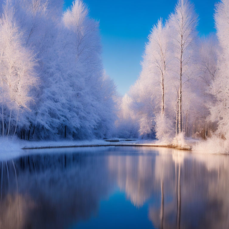 Frost-covered trees reflecting on calm blue river