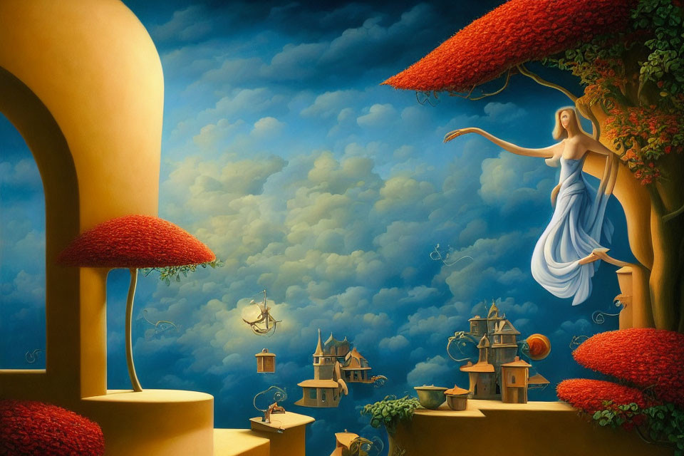 Surrealist painting of woman in blue dress reaching towards floating islands