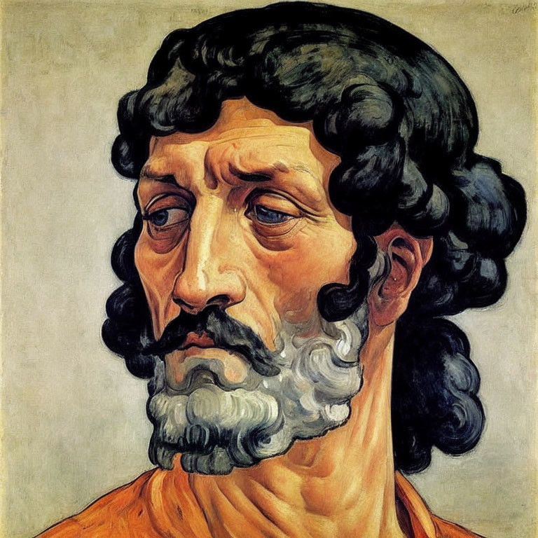 Portrait of a man with dark curly hair, beard, and orange tunic