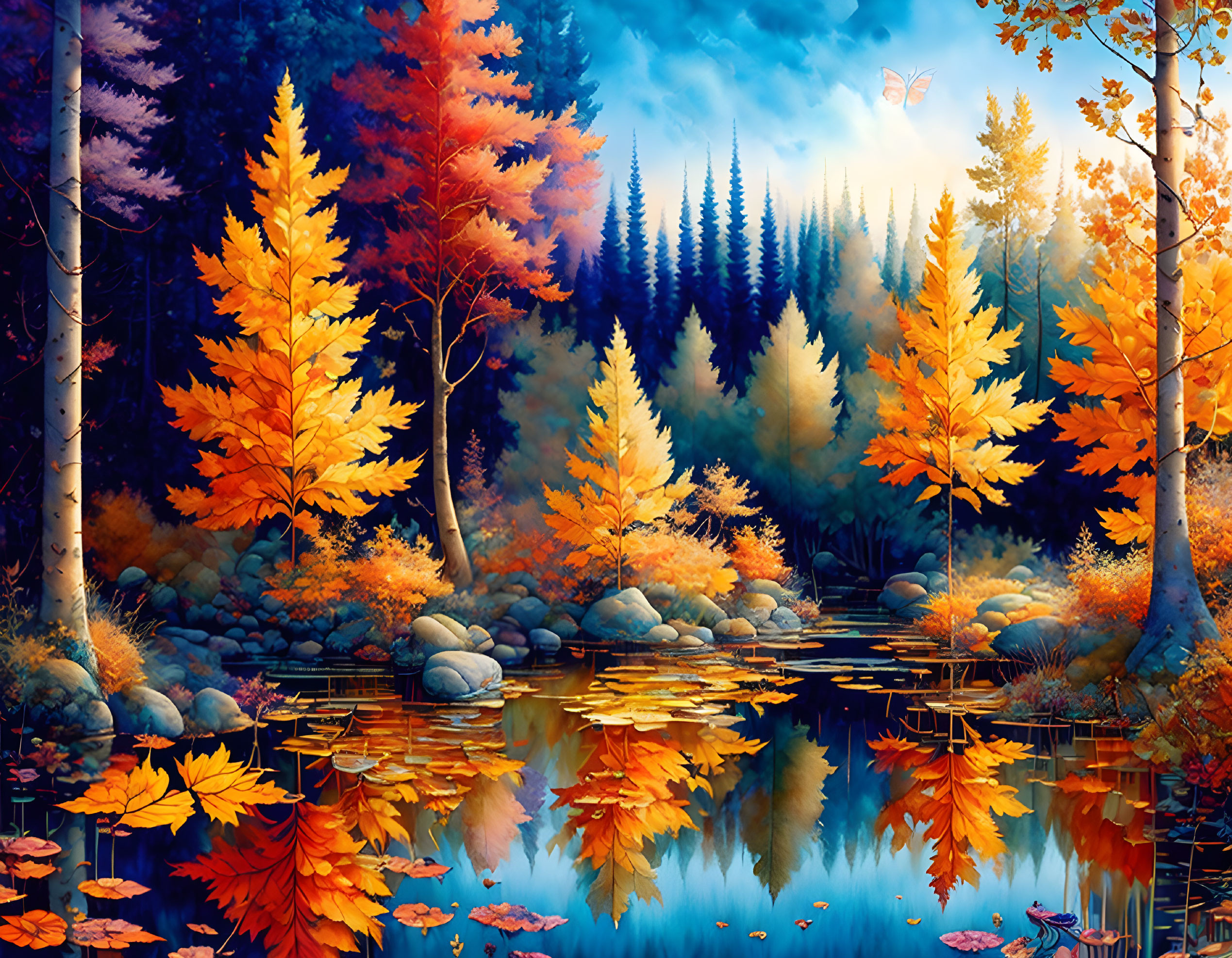 Colorful autumn forest scene with reflective lake and butterflies