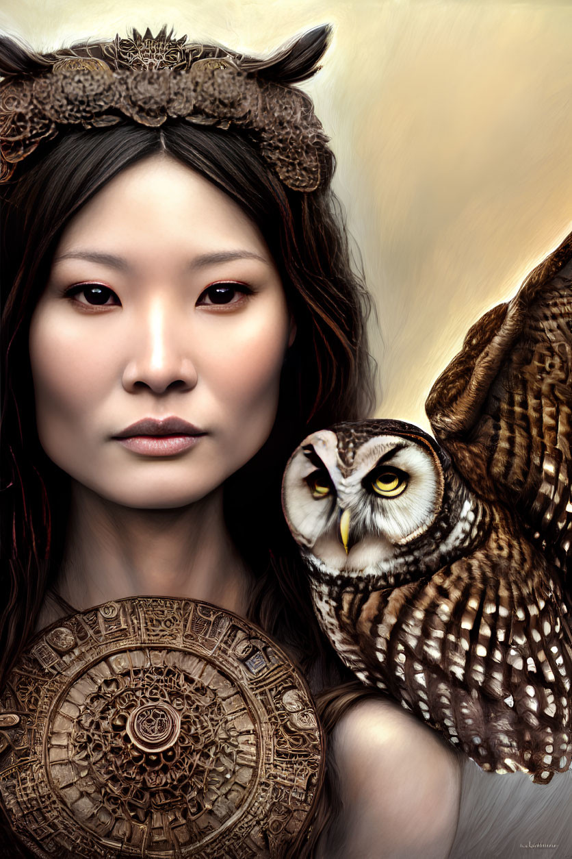 Woman with ornate headband and owl against intricate circular backdrop