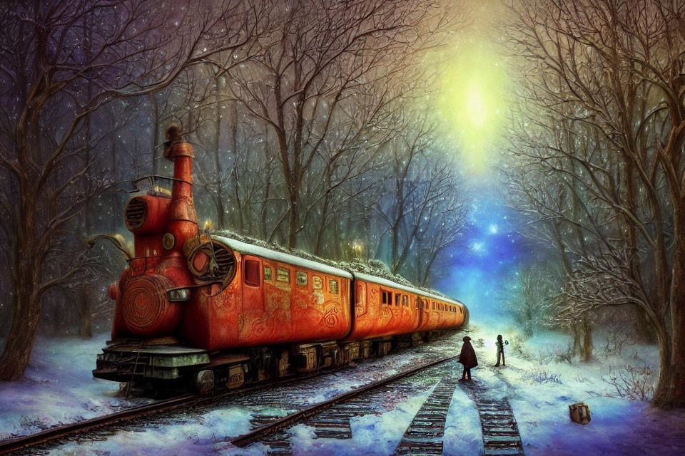 Vintage red train in snowy forest with silhouetted figures under bright light
