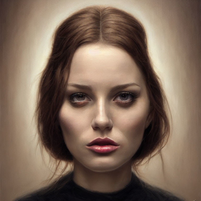 Realistic digital portrait of a woman with brown hair and piercing brown eyes