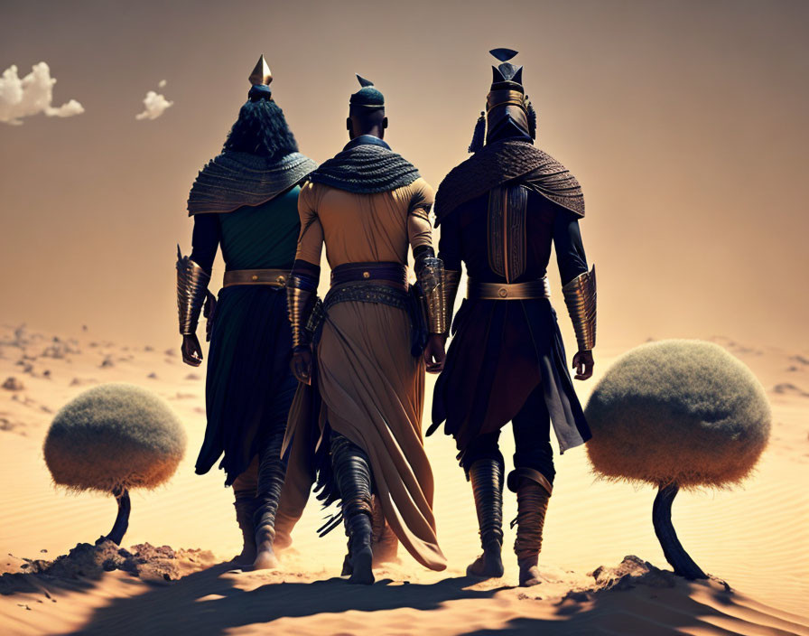 Three ancient Egyptian warriors in armor facing a desert backdrop