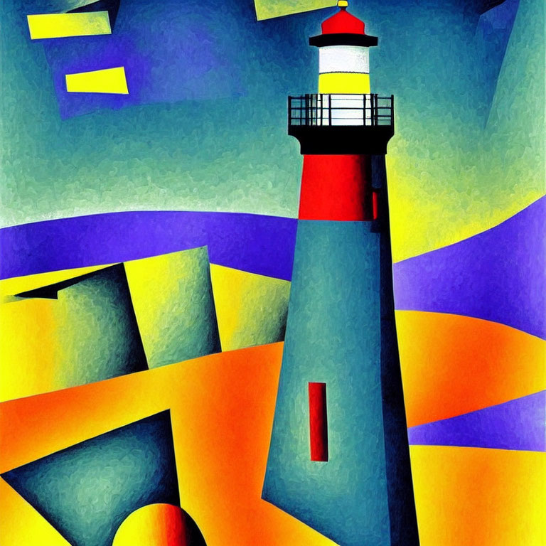 Stylized lighthouse with red top on abstract wave background