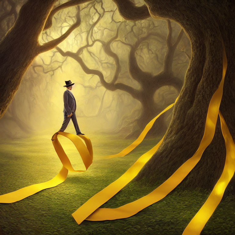 Man in suit and hat walking on yellow ribbon path through golden-lit forest