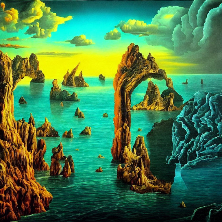 Surreal landscape painting: vibrant colors, arched rock formations, sea, clouds, amber sky