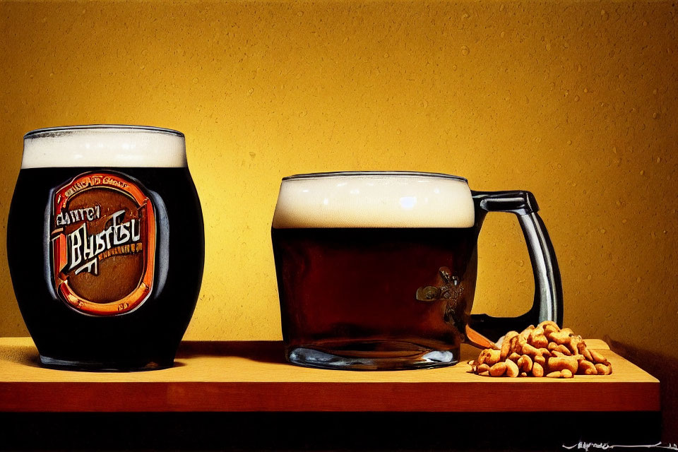 Dark Beer Pint and Mug with Peanuts on Wooden Surface