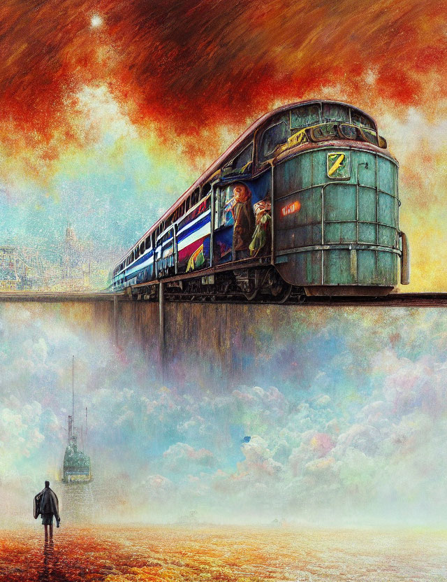 Vintage train on bridge above clouds with figure and city skyline