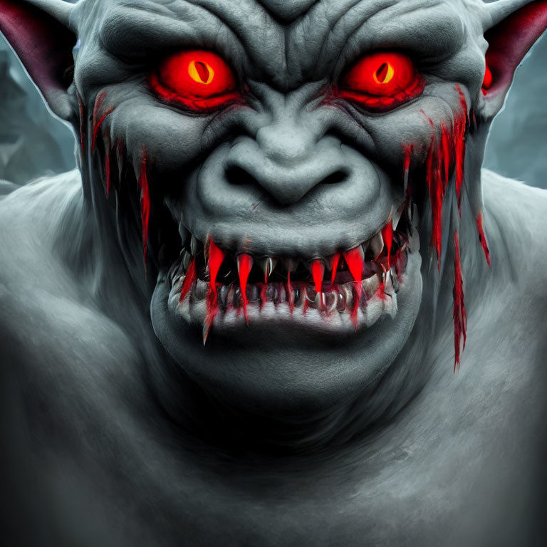 Menacing creature with red eyes and sharp fangs on smoky gray background