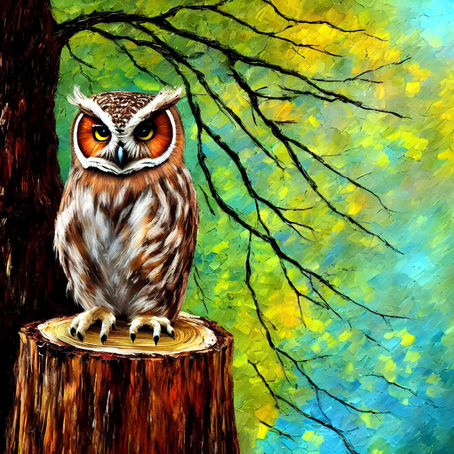 Colorful Impressionistic Owl Perched on Tree Stump