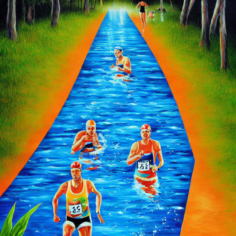 Surreal painting: Athletes running in water-filled lane with tree reflections