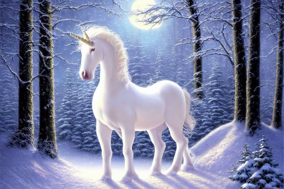 Majestic unicorn in snowy forest with sunbeams