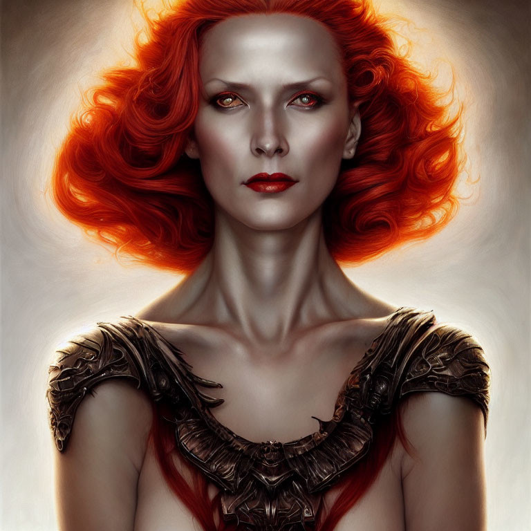 Fantasy character portrait with red hair, red eyes, and ornate armor