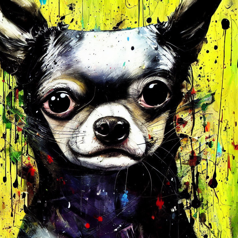 Colorful Chihuahua graffiti painting on yellow backdrop