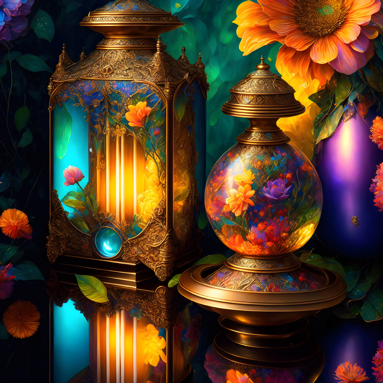 Ornate lantern and floral vase with vibrant flowers and mystical glow