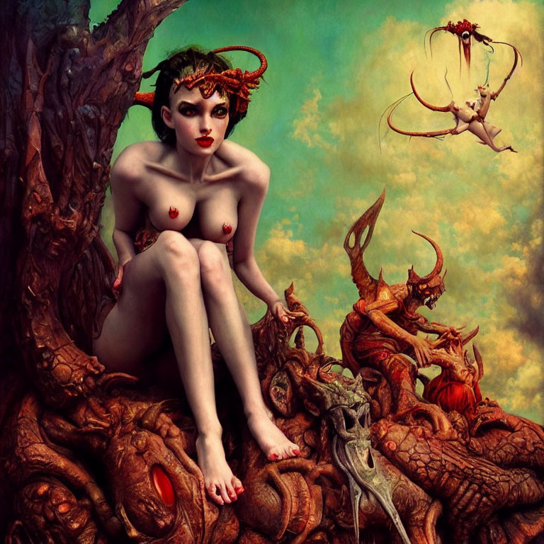 Fantasy nude female figure with headpiece among strange creatures