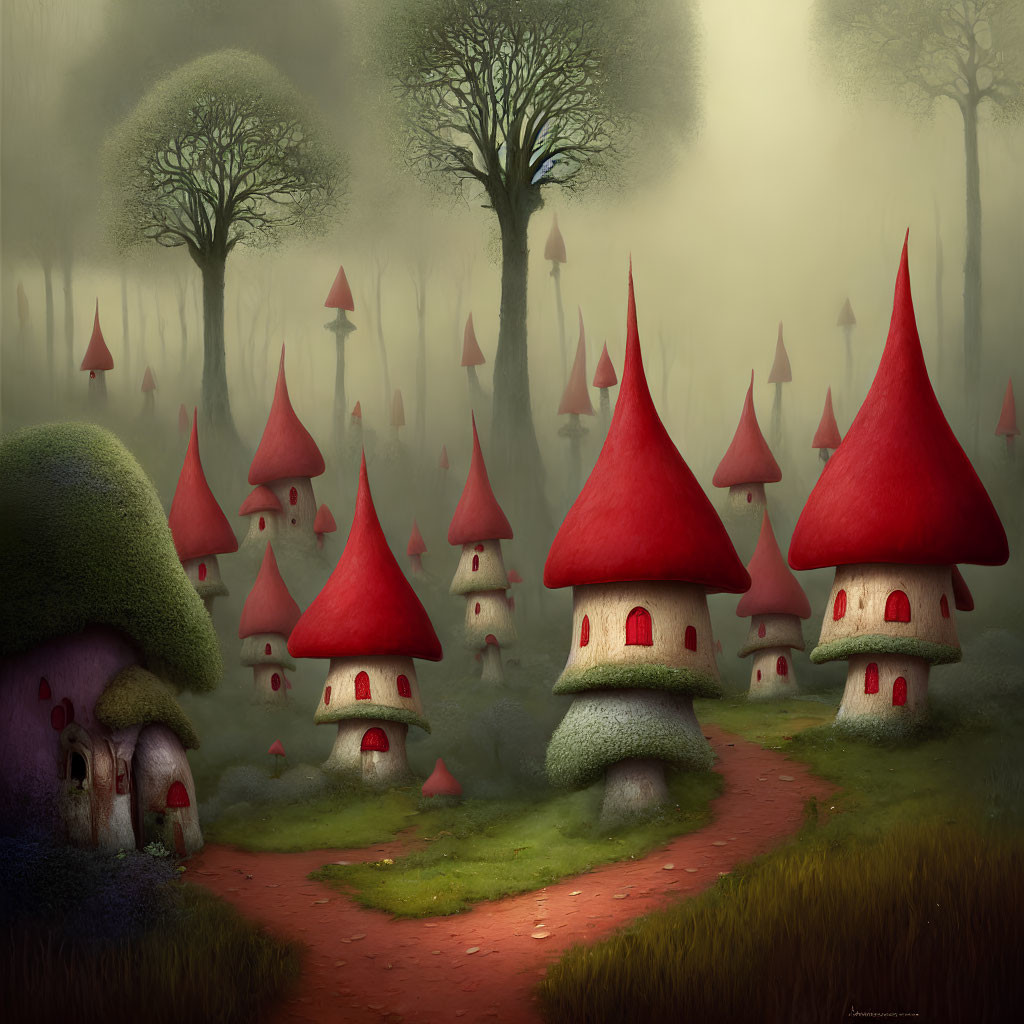 Mystical forest with mushroom-shaped houses in misty setting