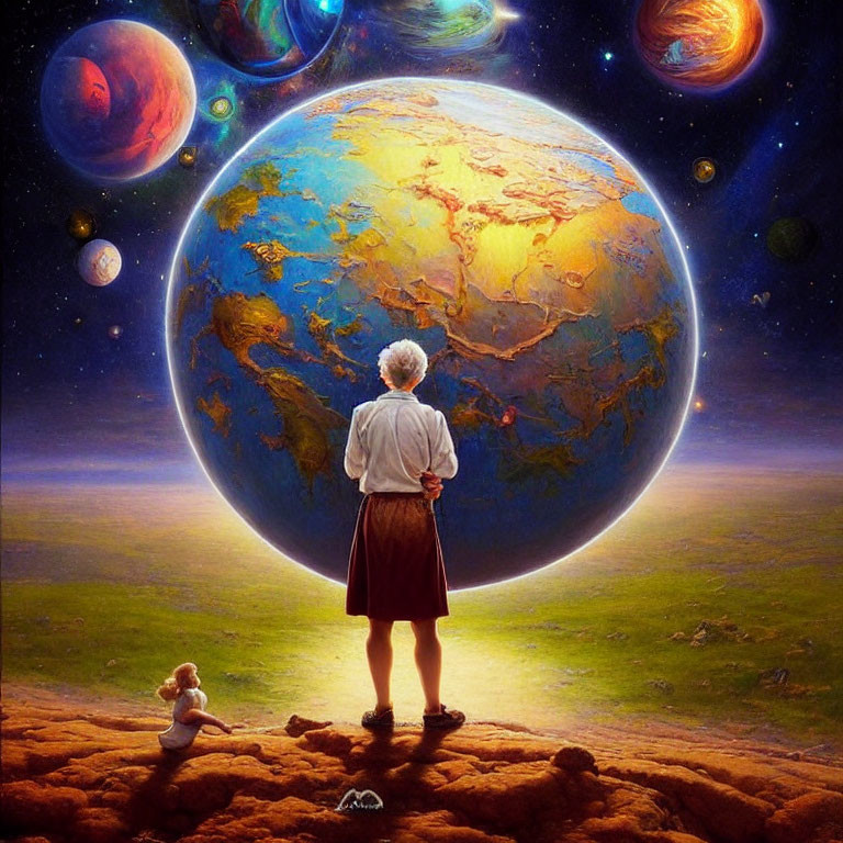 Elderly person and child admire vibrant earth in celestial scene