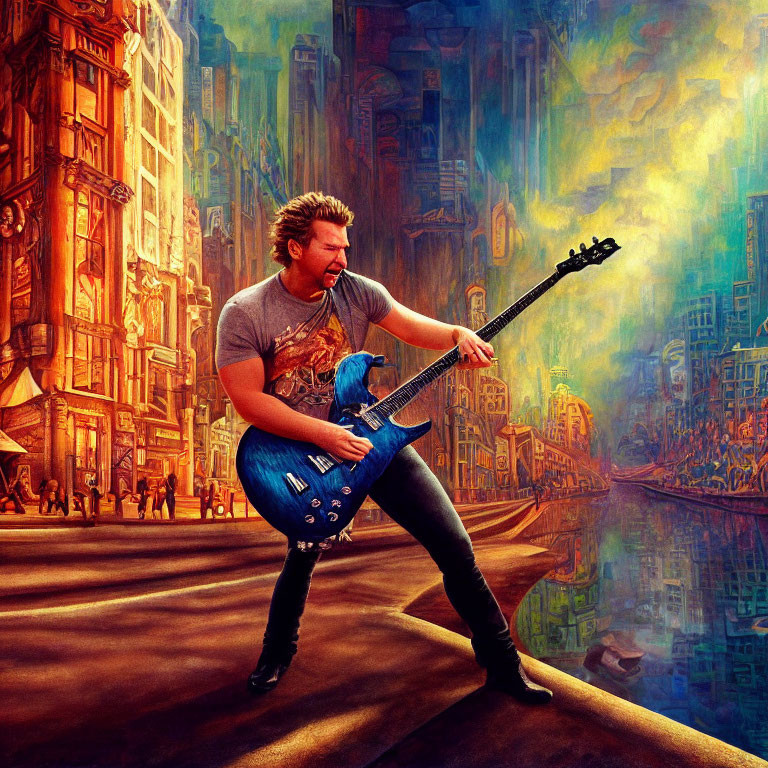 Passionate man playing electric guitar in vibrant city street