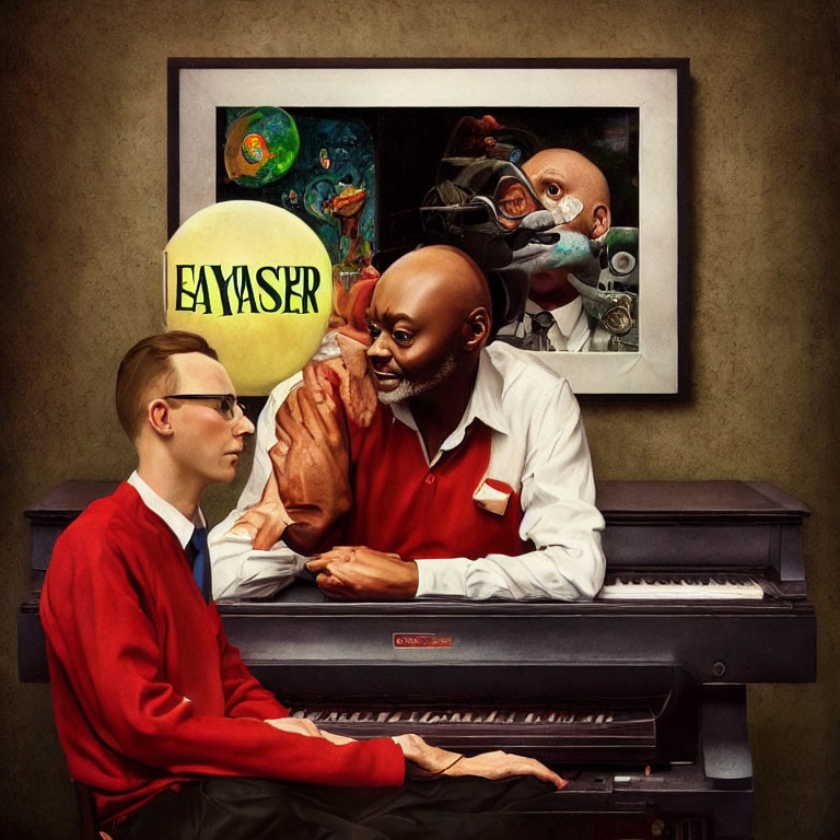 Two Men Whispering at Piano with Whimsical Painting