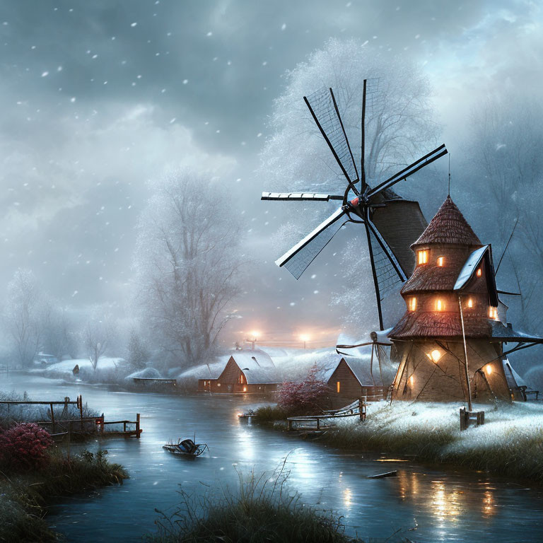 Traditional windmill by frozen river in serene winter scene