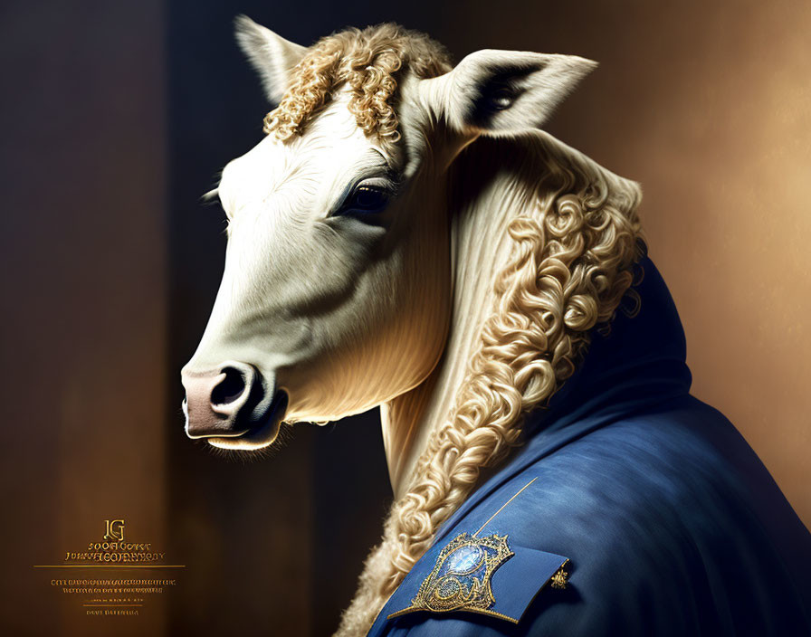 Stylized portrait of a cow with intricate hair curls in a classic European wig and posh blue