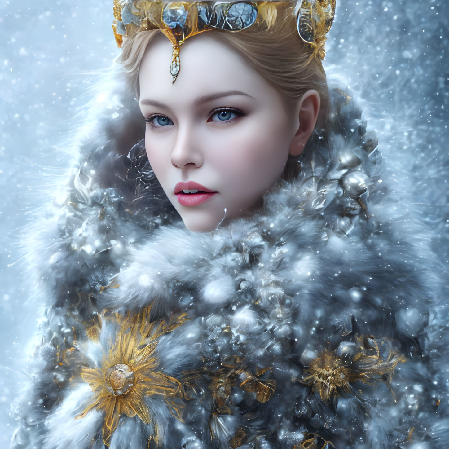 Regal woman with blue eyes in golden crown and fur cape in snowy setting