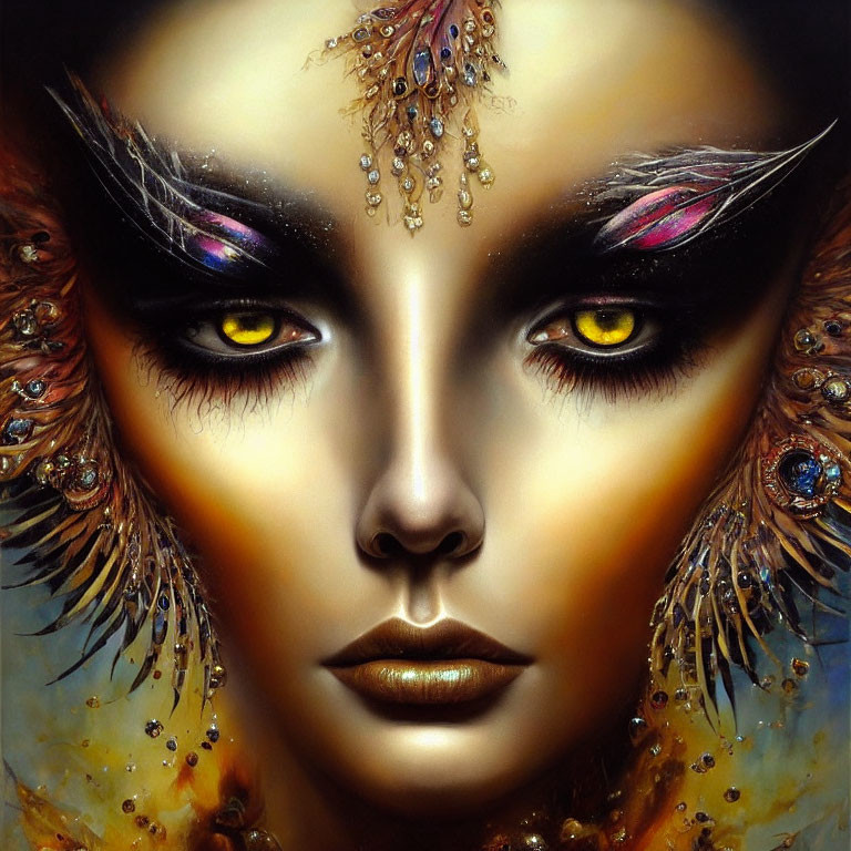 Detailed fantasy portrait with yellow eyes, feather adornments, and jewel makeup