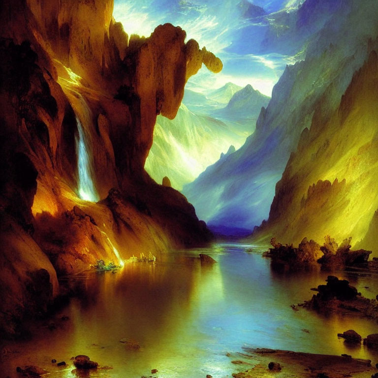 Scenic painting of serene mountain valley with river
