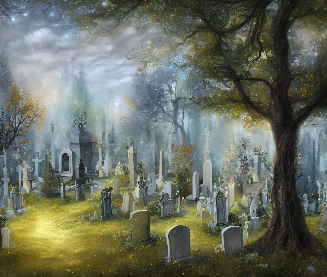 Mystical cemetery with tombstones in lush forest landscape
