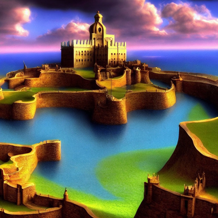 Fantasy castle with multiple walls and turquoise moats at twilight