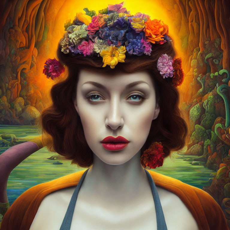 Colorful Flower Crown Portrait of Woman with Red Hair and Striking Eyes