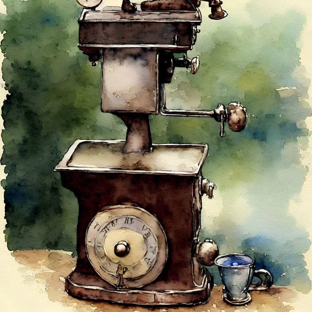 Vintage manual coffee grinder and blue espresso cup in watercolor art