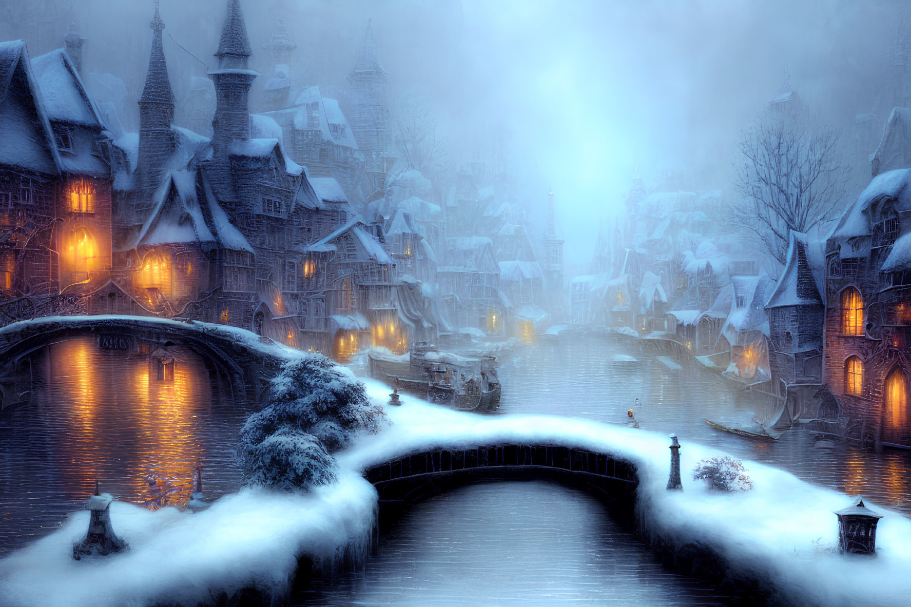 Snowy Fantasy Village with Stone Bridge and Mystical Glow