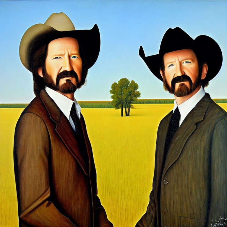 Two bearded men in cowboy hats standing in a field with lone tree.